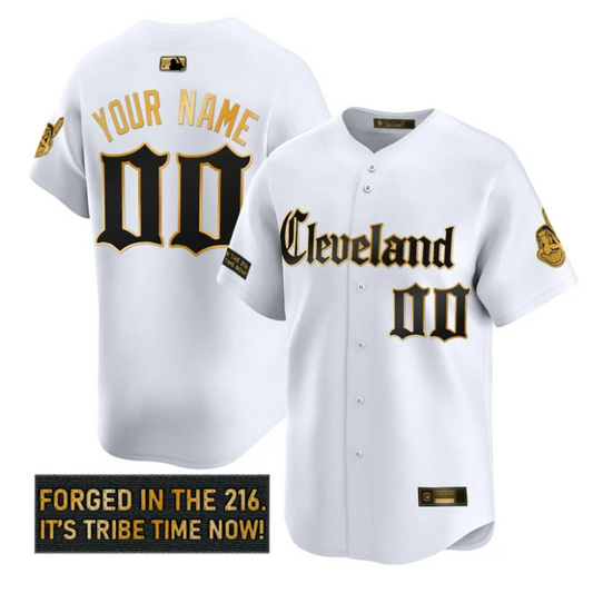Custom Cleveland Indians Jersey Gothic Iron Edition Stitched White Gold