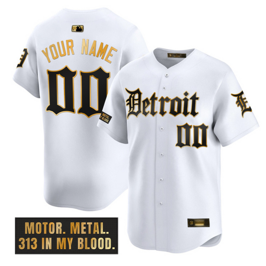 Custom Detroit Tigers Jersey Motor Gothic Edition Stitched White Gold