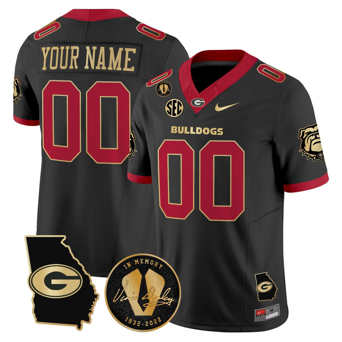 Custom Georgia Bulldogs Jersey 2025 Georgia Map, Vince Dooley Patch Black Gold