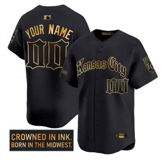Custom Kansas City Royals Jersey Gothic Crown Edition Stitched Black Gold