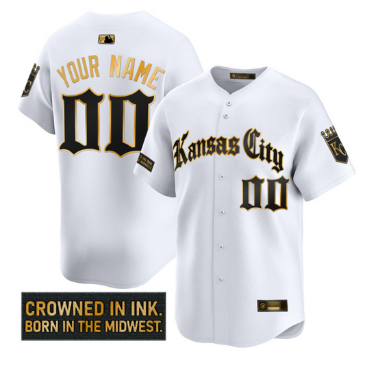 Custom Kansas City Royals Jersey Gothic Crown Edition Stitched White Gold