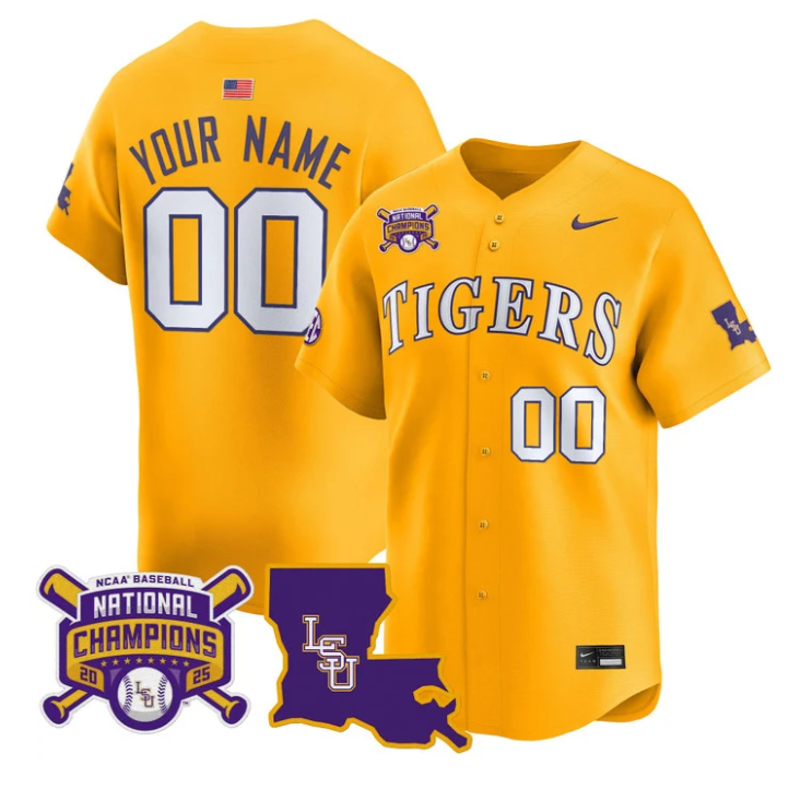 Custom LSU Tigers Jersey 2025 College World Series Champions Stitched Gold