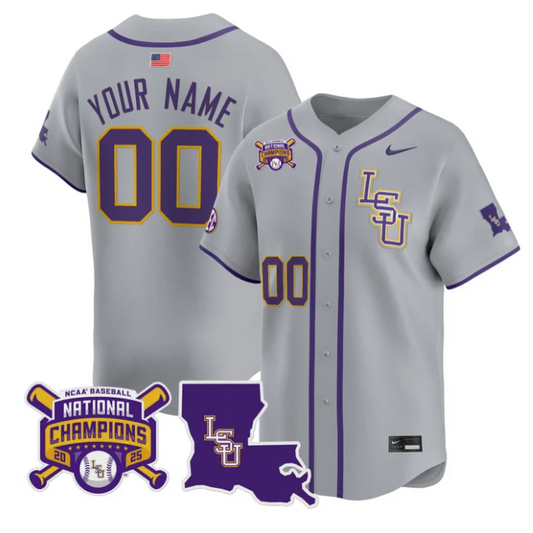 Custom LSU Tigers Jersey 2025 College World Series Champions Stitched Gray