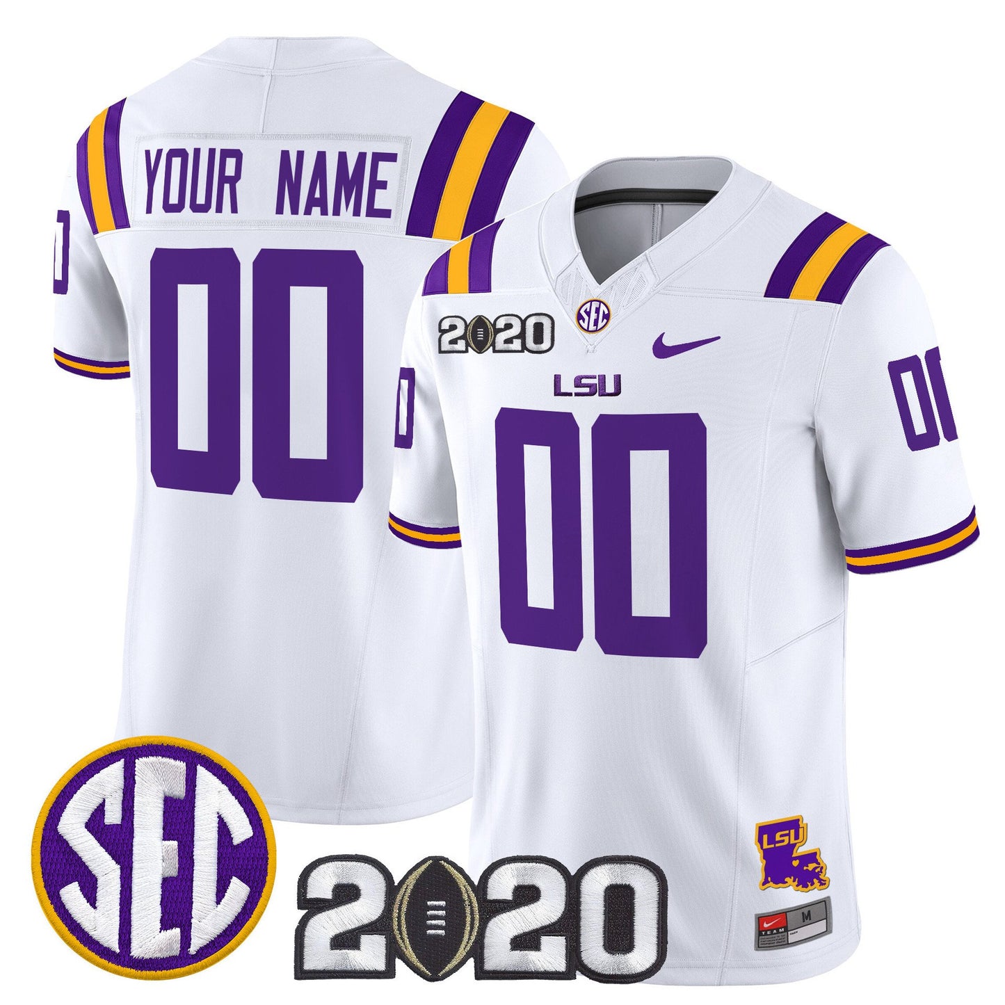 Custom LSU Tigers Jersey Name, Number 2020 National Champions Stitched White