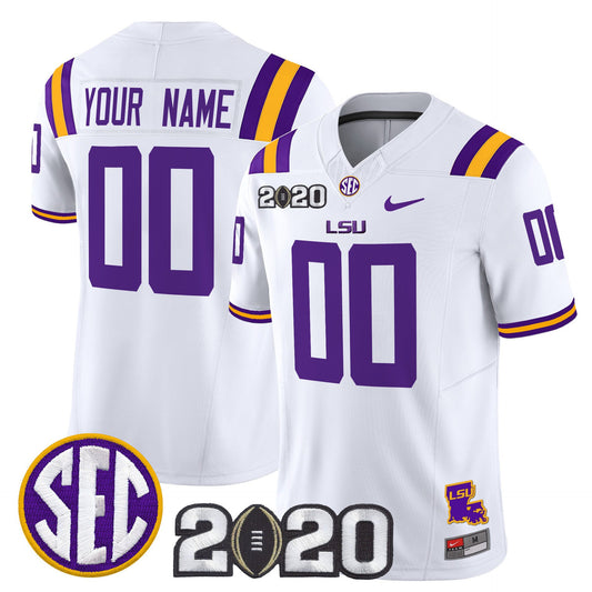Custom LSU Tigers Jersey Name, Number 2020 National Champions Stitched White