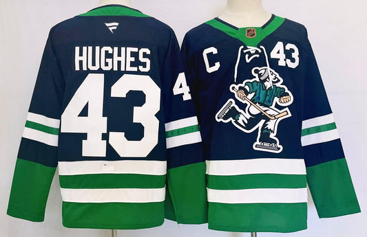Custom Men Quinn Hughes Canucks Navy Jersey All Stitched