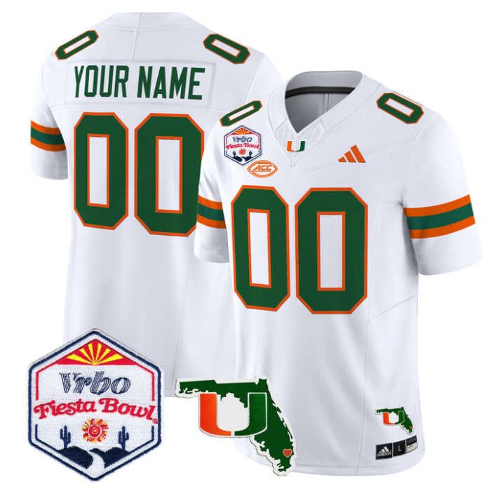 Custom Miami Hurricanes Jersey 2026 Fiesta Bowl Florida Patch Stitched White