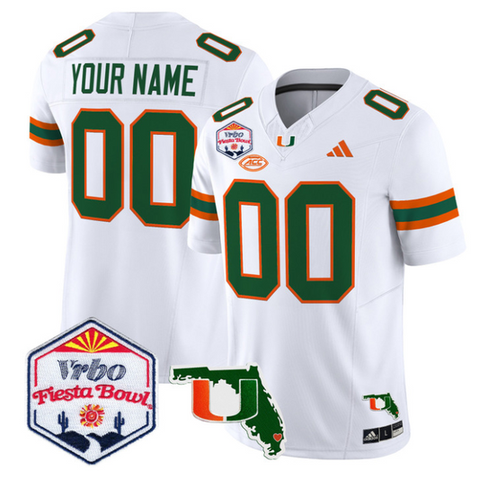 Custom Miami Hurricanes Jersey 2026 Fiesta Bowl Florida Patch Stitched White
