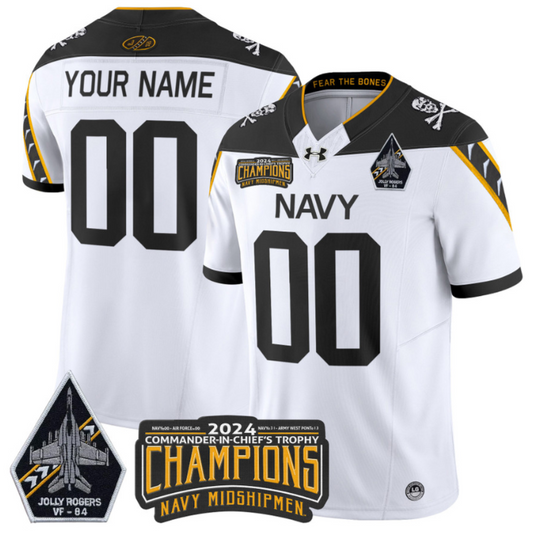 Custom Navy Midshipmen Jersey 2024 Jolly Rogers Champions Patch White