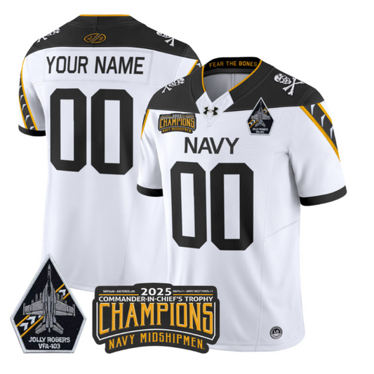 Custom Navy Midshipmen Jersey Jolly Rogers 2025 Trophy Champions Stitched White
