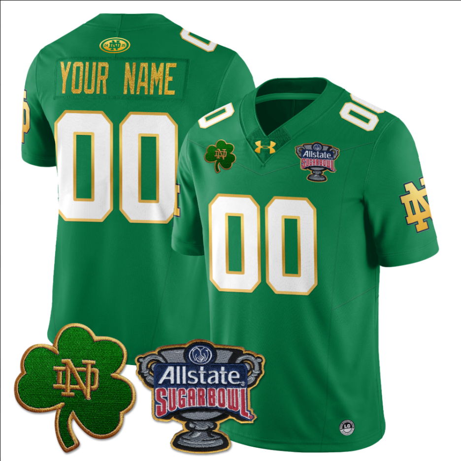Custom Notre Dame Fighting Irish Jersey Name, Number Allstate Sugar Bowl Green