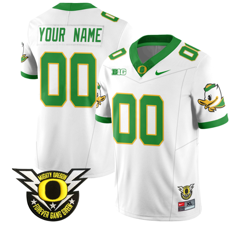Custom Oregon Duck Jersey Name, Number Forever Gang Green Football White