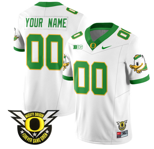 Custom Oregon Duck Jersey Name, Number Forever Gang Green Football White