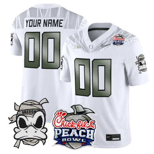 Custom Oregon Ducks Jersey Mummy Duck 2026 Peach Bowl Patch Stitched White