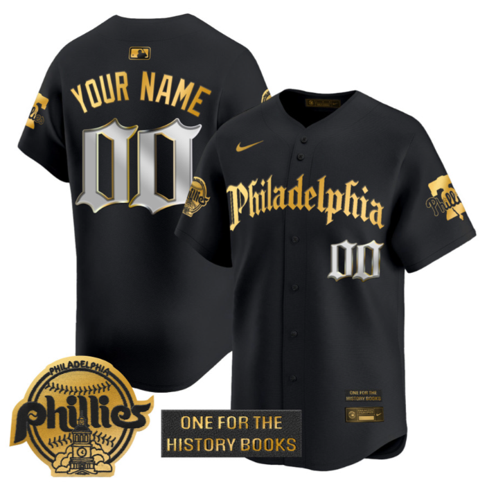 Custom Phillies Jersey Retro Newspaper Edition Gold Vapor Premier Limited Stitched Black Gold