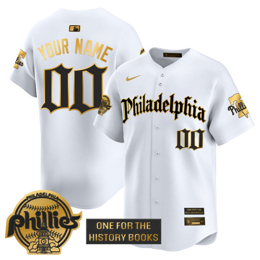Custom Phillies Jersey Retro Newspaper Edition Gold Vapor Premier Limited Stitched White Gold