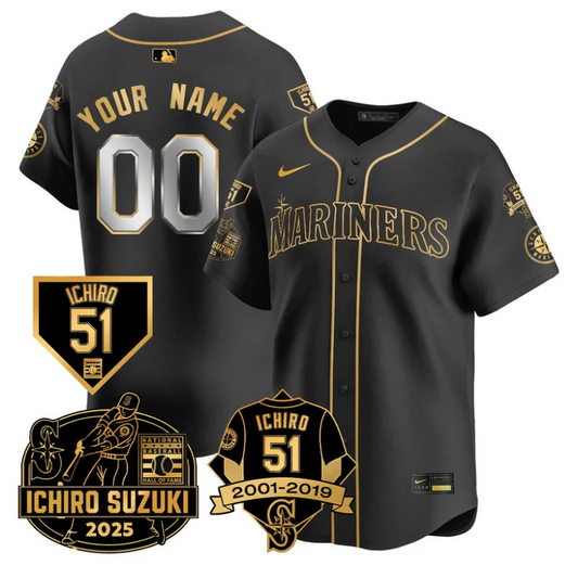 Custom Seattle Mariners Jersey Name, Number Ichiro Suzuki Stitched Black Gold