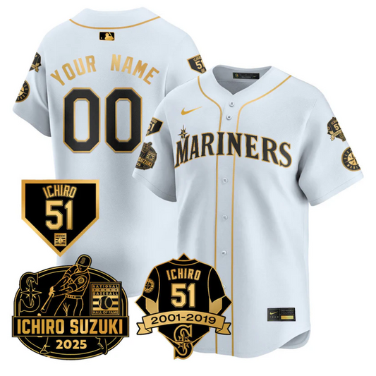 Custom Seattle Mariners Jersey Name, Number Ichiro Suzuki Stitched White Gold