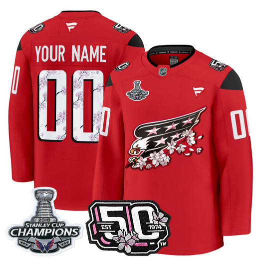 Custom Washington Capitals Jersey 50th Anniversary & 2018 Stanley Cup Champions Patch Red