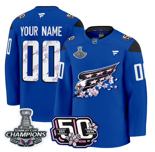 Custom Washington Capitals Jersey 50th Anniversary & 2018 Stanley Cup Champions Patch Royal