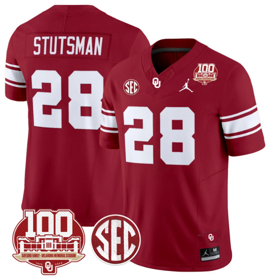 Danny Stutsman Jersey #28 Oklahoma Sooners 100th Anniversary Patch Vapor Limited College Football Stitched Crimson