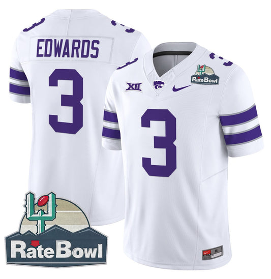 Dylan Edwards Jersey #3 Kansas State Wildcats 2025 Rate Bowl Patch White