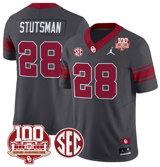 Danny Stutsman Jersey #28 Oklahoma Sooners 100th Anniversary Patch Vapor Limited College Football Stitched Anthracite