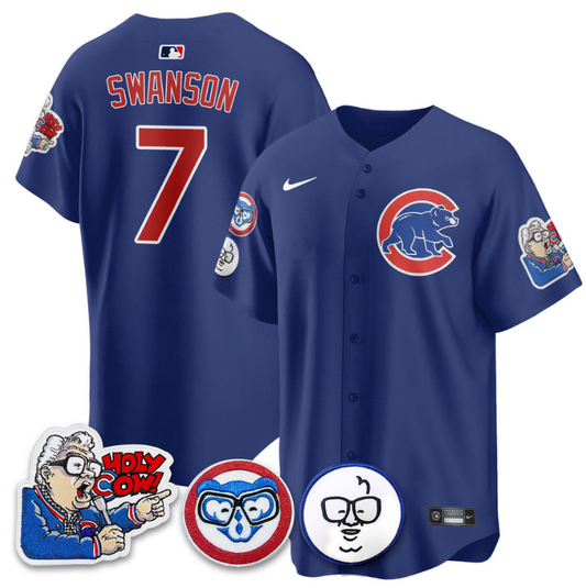 Dansby Swanson Jersey #7 Chicago Cubs Harry Caray Holy Cow Patch Premier Limited Stitched Royal