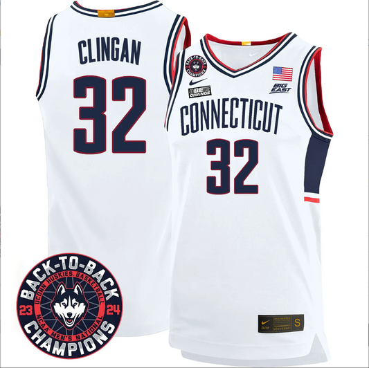 Donovan Clingan Jersey #32 UConn Huskies Basketball 2024 Back To Back Champions Patch White