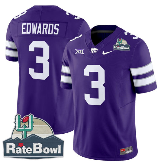 Dylan Edwards Jersey #3 Kansas State Wildcats 2025 Rate Bowl Patch Purple