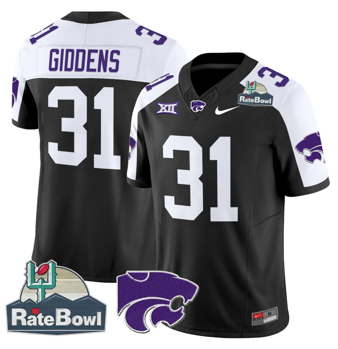 DJ Giddens Jersey #31 Kansas State Wildcats 2025 Rate Bowl Patch Black Alternate