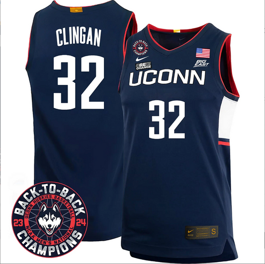 Donovan Clingan Jersey #32 UConn Huskies Basketball 2024 Back To Back Champions Patch White Gold