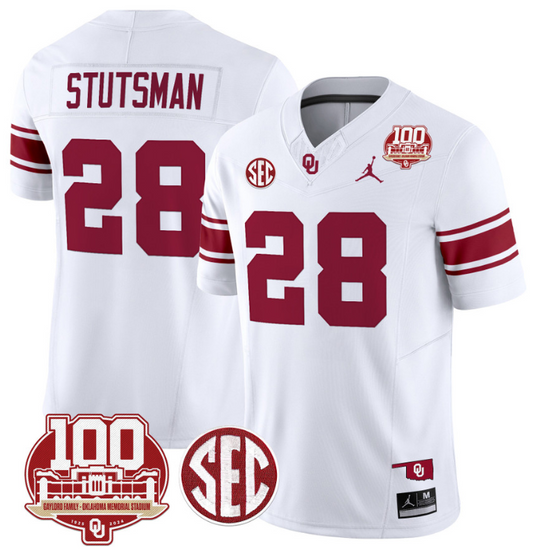 Danny Stutsman Jersey #28 Oklahoma Sooners 100th Anniversary Patch Vapor Limited College Football Stitched White