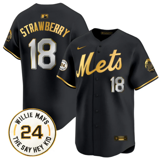 Darryl Strawberry Jersey #18 Mets Willie Mays Patch Vapor Premier Limited Stitched Black Gold