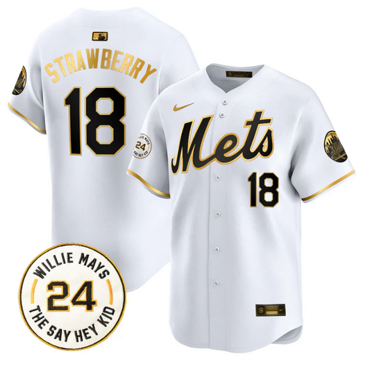 Darryl Strawberry Jersey #18 Mets Willie Mays Patch Vapor Premier Limited Stitched White Gold