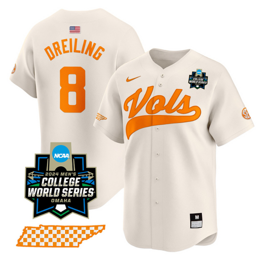Dylan Dreiling Jersey #8 Tennessee Volunteers 2024 College World Series Vapor Premier Limited NCAA Baseball Stitched Pinstripe