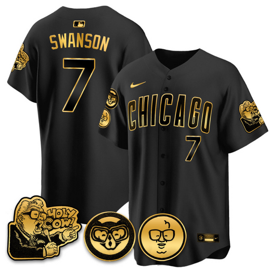 Dansby Swanson Jersey #7 Chicago Cubs Harry Caray Holy Cow Patch Premier Limited Stitched Black Gold