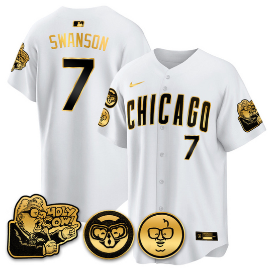 Dansby Swanson Jersey #7 Chicago Cubs Harry Caray Holy Cow Patch Premier Limited Stitched White Gold