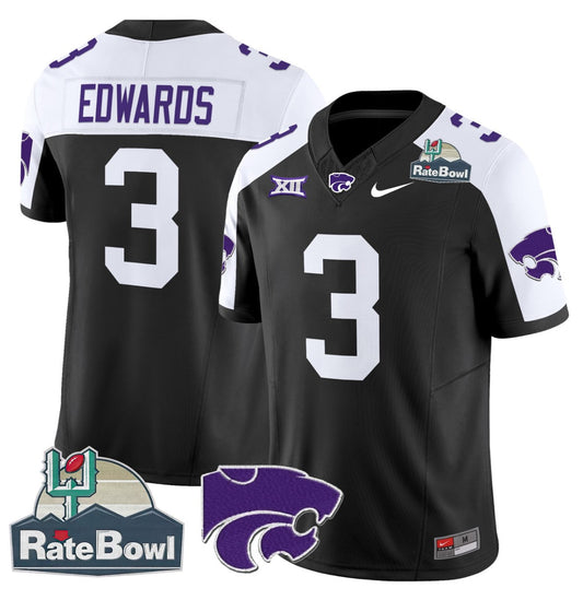 Dylan Edwards Jersey #3 Kansas State Wildcats 2025 Rate Bowl Patch Black Alternate