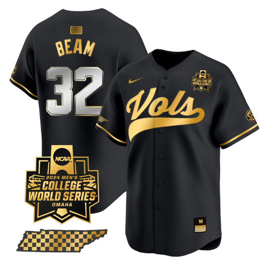 Drew Beam Jersey #32 Tennessee Volunteers 2024 College World Series Vapor Premier Limited NCAA Baseball Stitched Black Gold