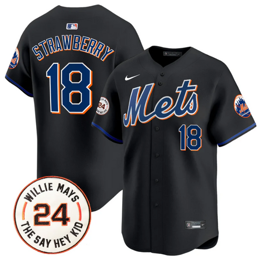 Darryl Strawberry Jersey #18 Mets Willie Mays Patch Vapor Premier Limited Stitched Black