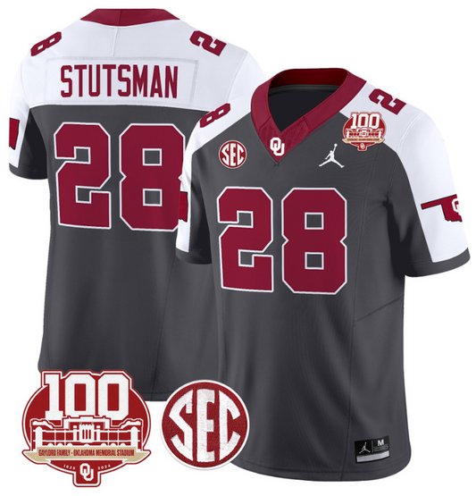 Danny Stutsman Jersey #28 Oklahoma Sooners 100th Anniversary Patch Vapor Limited College Football Stitched Anthracite Alternate