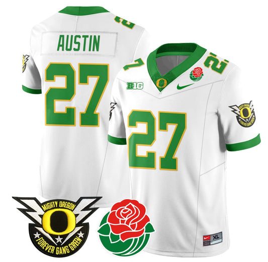 Daylen Austin Jersey #27 Oregon Ducks 2024 Mighty Rose Bowl Patch N2 White