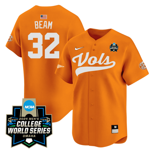 Drew Beam Jersey #32 Tennessee Volunteers 2024 College World Series Patch Vapor Premier Limited NCAA Baseball Stitched Orange