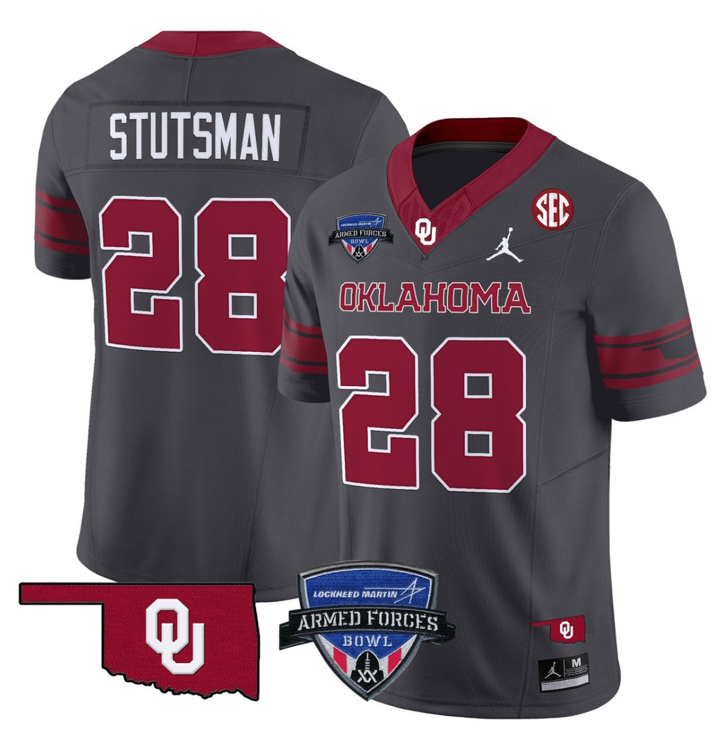 Danny Stutsman Jersey #28 Oklahoma Sooners 2025 Armed Forces Bowl Patch Anthracite