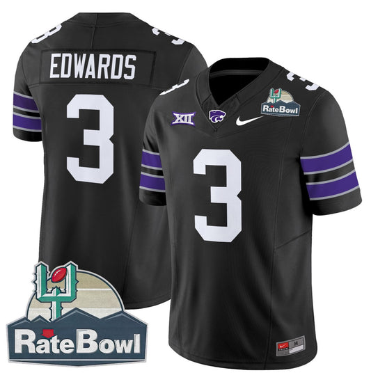 Dylan Edwards Jersey #3 Kansas State Wildcats 2025 Rate Bowl Patch Black