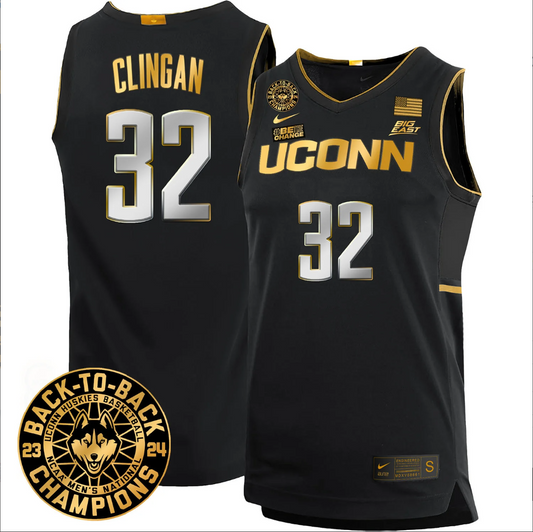Donovan Clingan Jersey #32 UConn Huskies Basketball 2024 Back To Back Champions Patch Black Gold