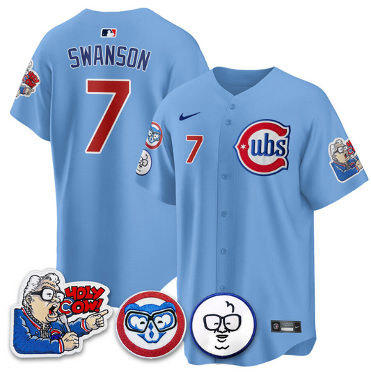 Dansby Swanson Jersey #7 Chicago Cubs Harry Caray Holy Cow Patch Premier Limited Stitched Blue