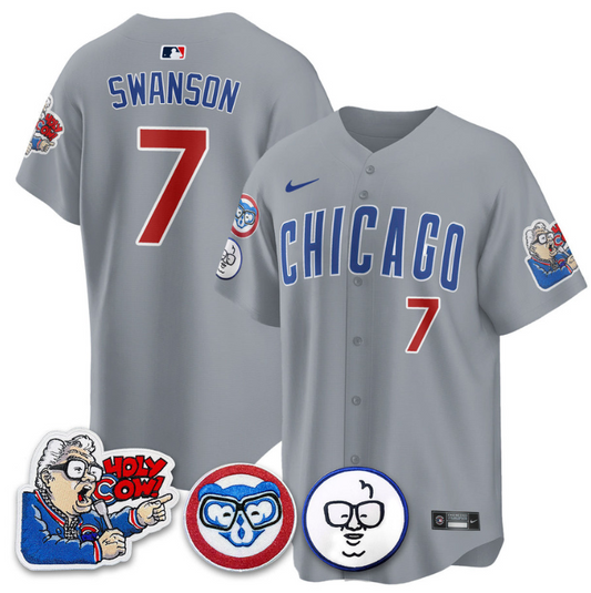 Dansby Swanson Jersey #7 Chicago Cubs Harry Caray Holy Cow Patch Premier Limited Stitched Gray