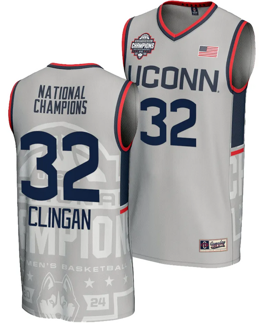 Donovan Clingan Jersey #32 UConn Huskies 2024 NCAA Basketball National Champions Lightweight Gray